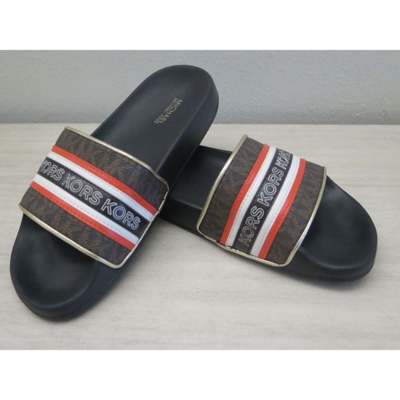 Michael Kors Women's Sz 6M Brown/Crimson Red Gilmore Slides - Picture 1 of 8